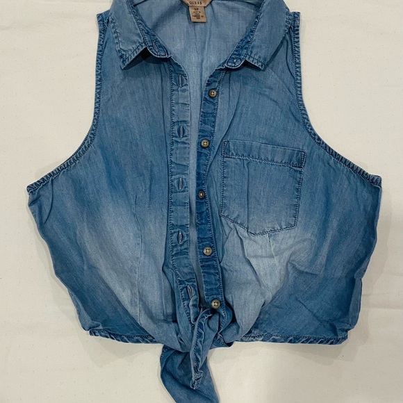 Guess Tops - GUESS Blue Denim Sleeveless Tie-Front Top